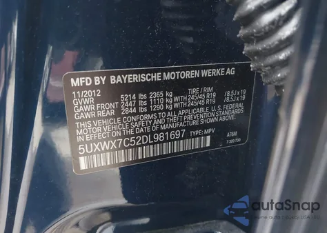 2013 BMW X3 xDrive35I z USA, uszkodzony, nr VIN 5UXWX7C52DL981697